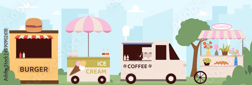 Food flea market. Street trade, coffee burger ice cream and flower stalls in city park location. Outdoor fast food cafe, vector scene