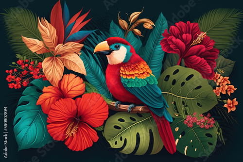 Colorful tropical flowers and tropical bird, colorful jungle plants and flowers. Generative AI