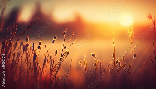 Abstract sunset banner field landscape of grass meadow on warm golden hour sunset or sunrise time. generative ai