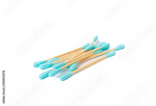 Cotton swabs isolated on white background. Bamboo cotton buds. Means for hygiene of ears. Eco friendly materials.