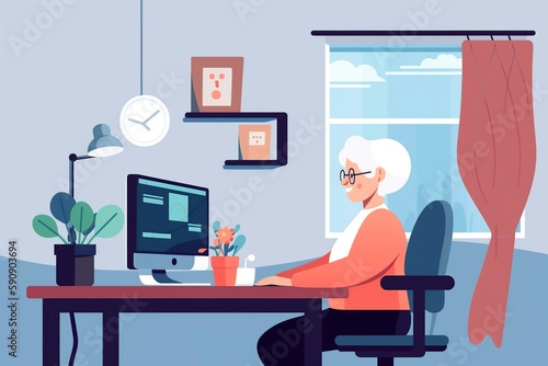 cartoon illustration, an old woman sitting in her home office staring at her computer, ai generative