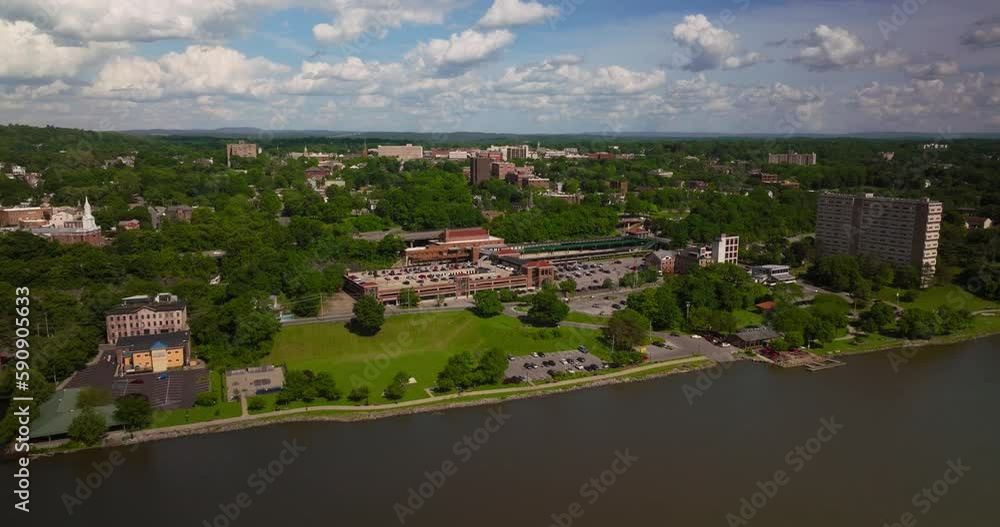 Aerial of Downtown Poughkeepsie Train Station on the Hudson River New York Aerial of Downtown Poughkeepsie Train Station on the Hudson River New York