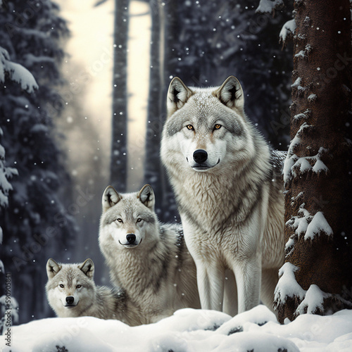 Grey wolf family in the wilderness in a cold snowing day made with generative AI