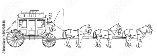 Stagecoach wagon drawn by six horses - vector stock illustration.