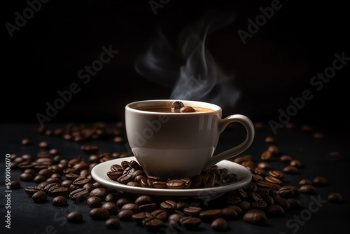 cup of hot coffee and coffee beans dynamic background