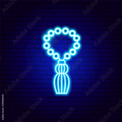 Prayer Beads Neon Sign. Vector Illustration of Religion Arabian Glowing Symbol.