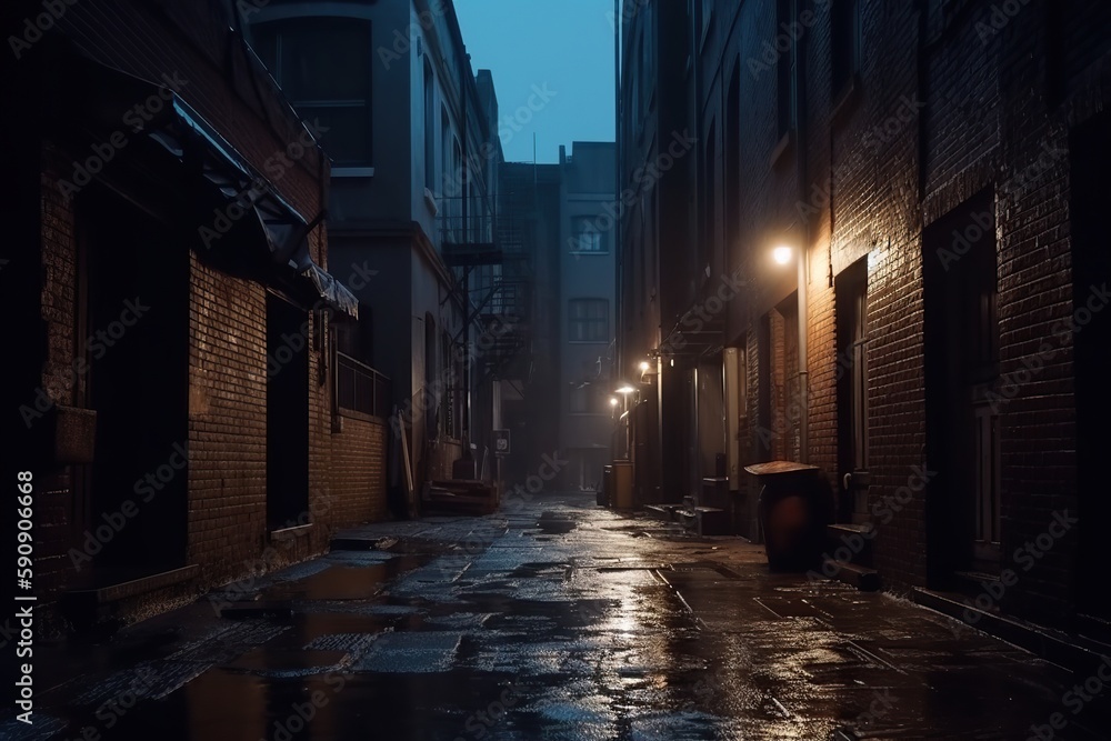Back street alley with old city houses in rain at night. Ai. Empty dark alleyway 