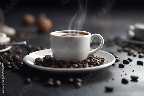 cup of hot coffee and coffee beans dynamic background