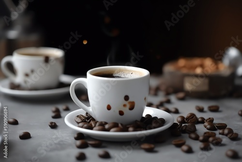 cup of hot coffee and coffee beans dynamic background