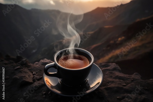 cup of hot coffee with nature view