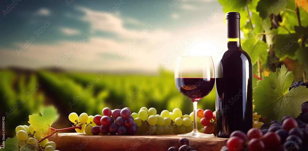 Bottle of excellent wine, a glass of wine and grapes on background of a picturesque vineyard. Copy space. Based on Generative AI