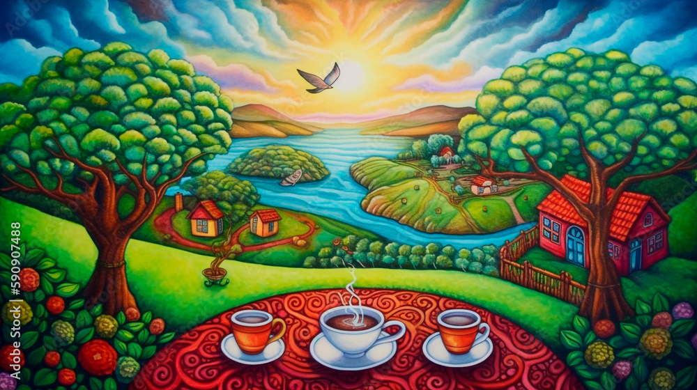 naive art morning coffee, colorful colors
