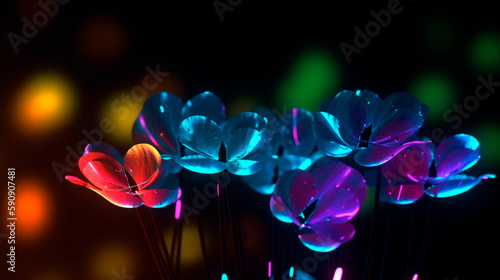 Neon flowers at night  transparent petals  under raindrops