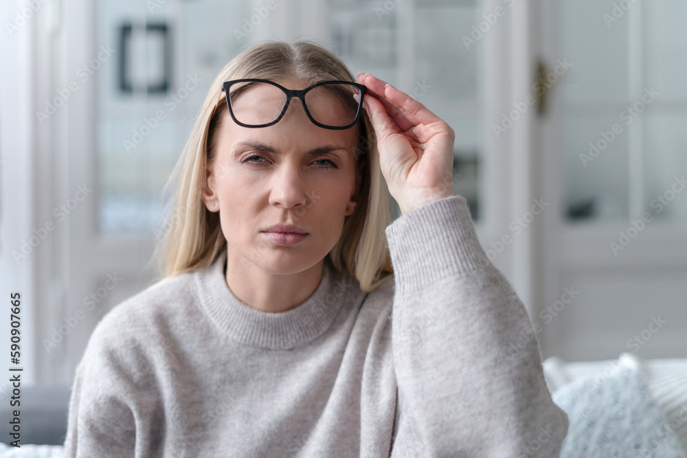 portrait of exhausted woman has problems with vision portrait of exhausted woman has problems with vision