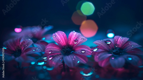 Neon flowers at night, transparent petals, under raindrops