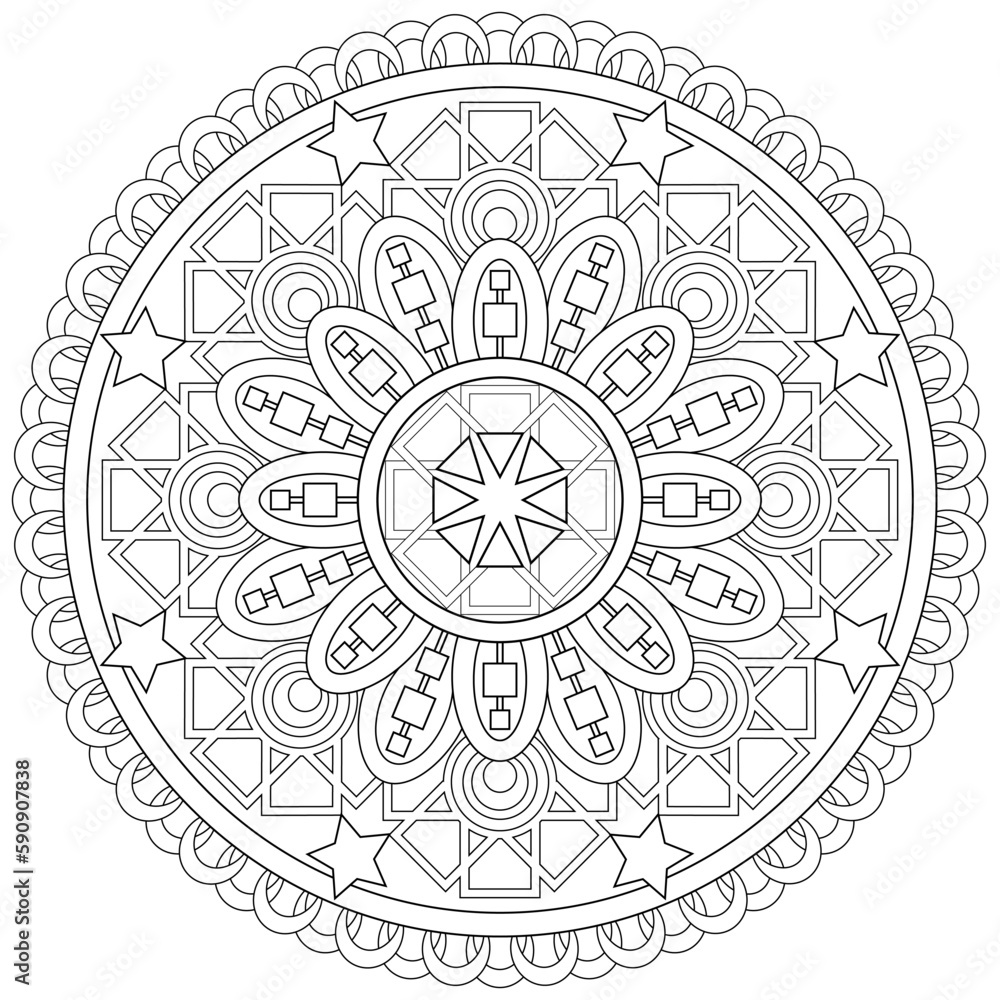 Colouring page, hand drawn, vector. Mandala 153, doodle, swirl pattern, object isolated on white background.