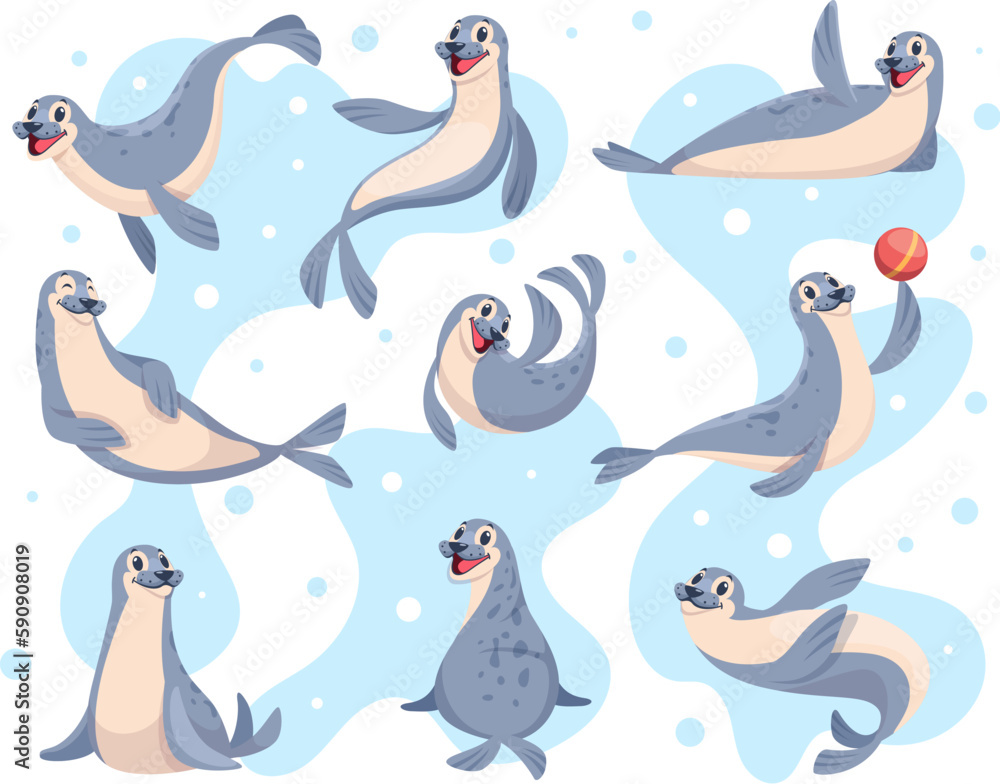 Obraz premium Polar seal. Wild sea swimming animals poses exact vector illustration