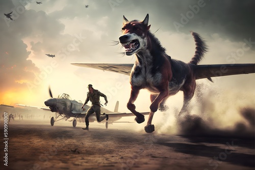 Fényképezés Dog in a P51 Mustang dogfighting a Mitsubishi Zero action pose far away action b