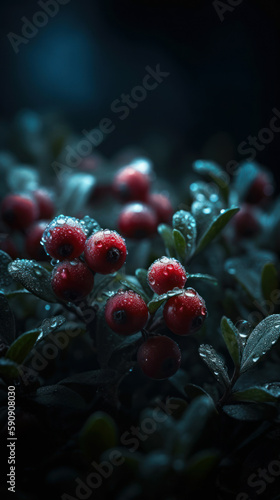 Forest berries, cranberries, lingonberries in dew drops. Created by AI.