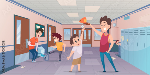 Behaviour kids background. Cartoon flat illustrations with different bad things of behavior kids exact vector template