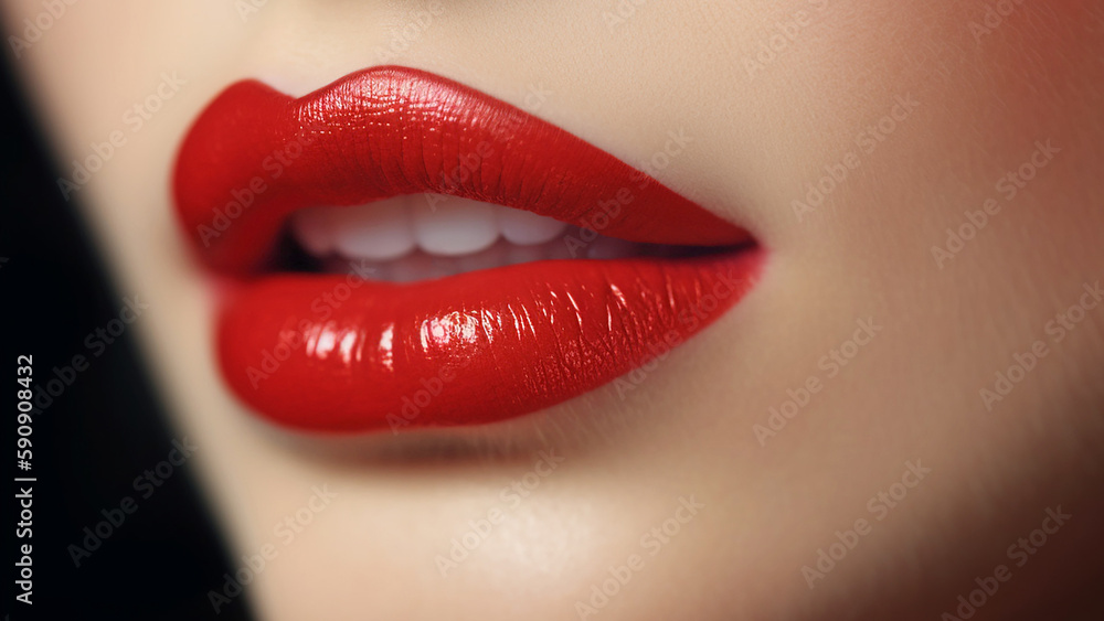 Fototapeta premium Beautiful red female lips, close-up. Generative AI