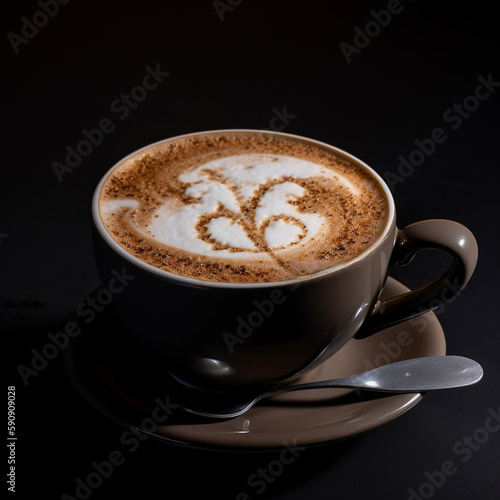 Fresh fragrant cappuccino coffee with a beautiful pattern on the crema isolated on black close-up, a wonderful drink for breakfast, ai generative