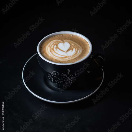 Fresh fragrant cappuccino coffee with a beautiful pattern heart on the crema isolated on black close-up, a wonderful drink for breakfast, ai generative