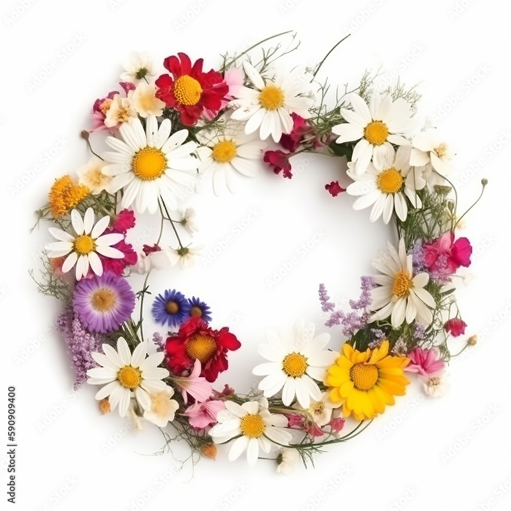 Cute beautiful delicate wreath of wild flowers isolated on white background, ai generative