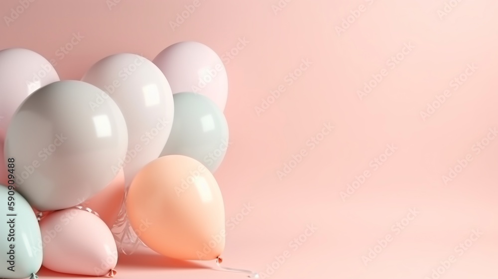 illustration, beautiful birthday party with balloons on the colorful wall, ai generative
