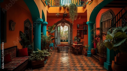illustration, mexican traditional living room interior, ai generative © Jorge Ferreiro