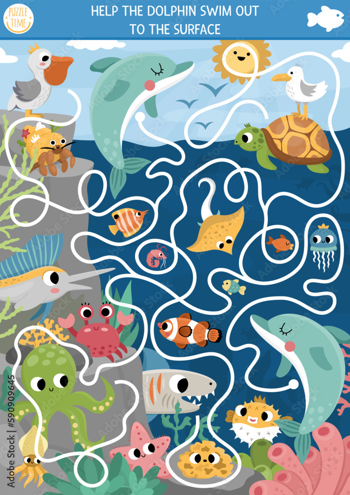 Under the sea maze for kids with marine landscape, fish, pelican, reef, octopus. Ocean preschool printable activity. Water labyrinth game or puzzle. Help the dolphin swim out to the surface.