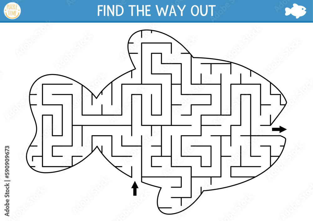 Under the sea geometrical maze for kids. Ocean preschool printable activity. Water fish shaped labyrinth game or puzzle for children. Under the sea geometrical maze for kids. Ocean preschool printable activity. Water fish shaped labyrinth game or puzzle for children.