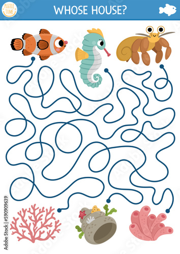 Under the sea maze for kids with clown fish, seahorse, hermit crab and their houses. Ocean preschool printable activity with corals, sea anemone, shell. Water labyrinth game or puzzle .