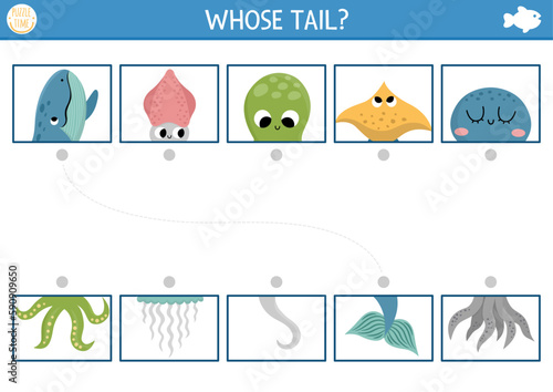 Under the sea connect the halves worksheet.  Matching game for preschool children with ocean animals. Match heads and tails activity with octopus, squid, jellyfish, whale, ray fish.