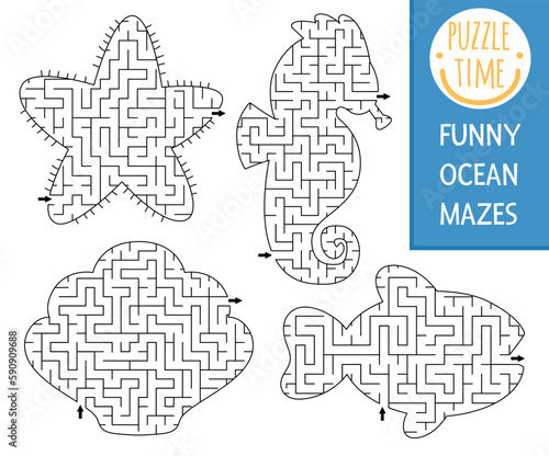 Under the sea geometrical maze set for kids. Ocean preschool printable activity shaped as seahorse, fish, seashell, star. Water labyrinth game or puzzle collection for children.