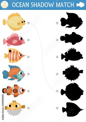 Under the sea shadow matching activity with fish. Ocean puzzle with cute flounder, bass, clownfish, blowfish. Find correct silhouette printable worksheet or game. Water animals page for kids