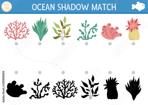 Under the sea shadow matching activity. Ocean puzzle with cute seaweeds. Find correct silhouette printable worksheet or game. Water plants page for kids.