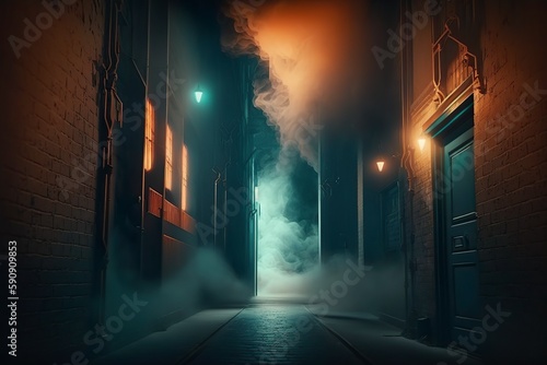 illustration, a dark and empty night alley, ai generative