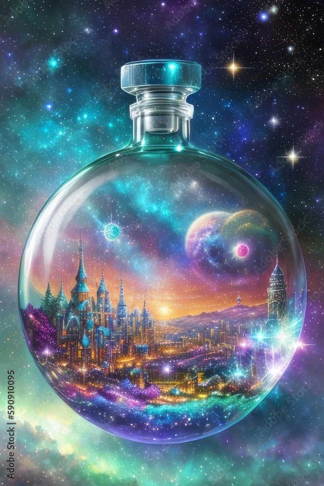 Space locked in a bottle, a fabulous castle in a bottle, Generative AI Art Illustration 09 Space locked in a bottle, a fabulous castle in a bottle, Generative AI Art Illustration 09