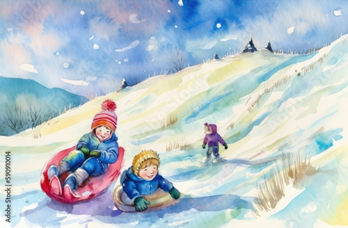 Winter entertainment. Rolling down the hill. In a watercolor style. Generative AI