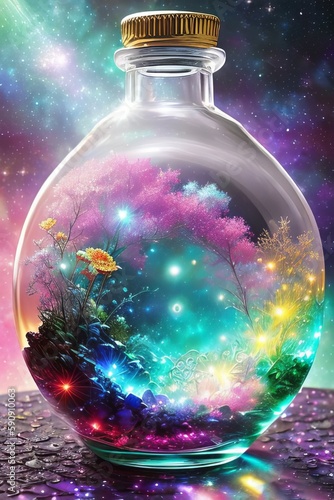 Space trapped in a bottle, flowers in a bottle, Generative AI Art Illustration 15