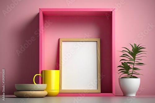 pink shelf with a picture frame and a yellow cup. Generative AI