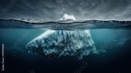 Iceberg - Hidden Danger And Global Warming Concept. White iceberg on deep blue background. Environment concept. Winter concept. Ocean underwater background.. Generative AI © ayselucar