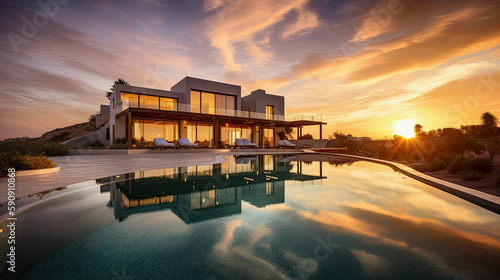 generative ai illustration of a modern villa by the ocean during sunset
