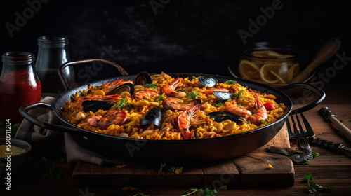 A Taste of the Mediterranean  Enjoy a Hearty Plate of Spanish Paella  food photography. Generative AI