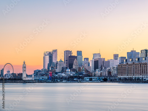 Beautiful pastel sunset over downtown montreal skyline
