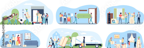 Family relocation in new apartment. Moving mother with things and boxes. Delivery logistic service and furniture transportation, recent vector scenes