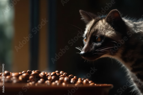 civet cat or luwak cat sniffing coffee beans. Sumatra coffee beans. Generative AI photo