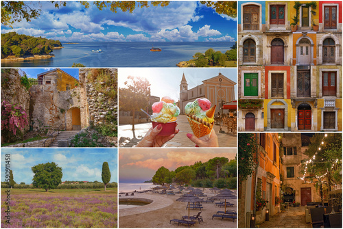 A colorful collage of beautiful places in cozy and quiet town Porec.Porec is a tourist destination on Adriatic coast of Croatia,Istria, Europe.Collection of travel photos