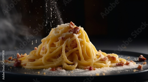 Italian Cuisine At Its Best: Enjoying A Plate of Traditional Pasta Carbonara, Food Photography. Generative AI